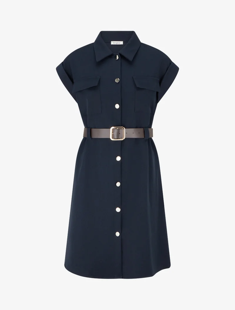 Robe chemise trapèze manches courtes - Marine