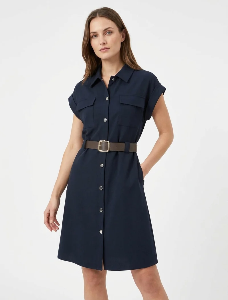 Robe chemise trapèze manches courtes - Marine
