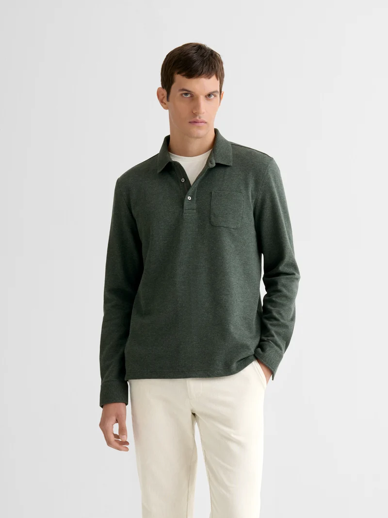 Polo manches longues chiné col boutonné