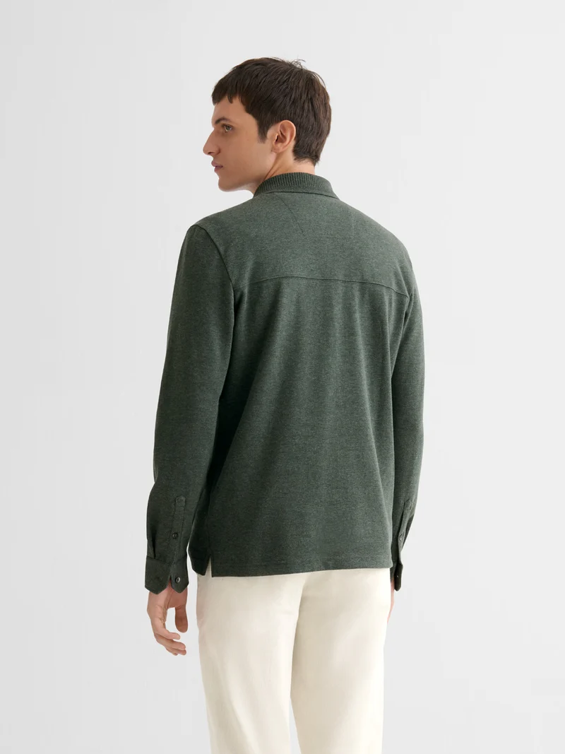 Polo manches longues chiné col boutonné