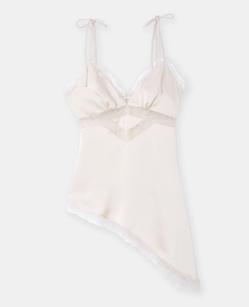 Top asymétrique en satin avec dentelle