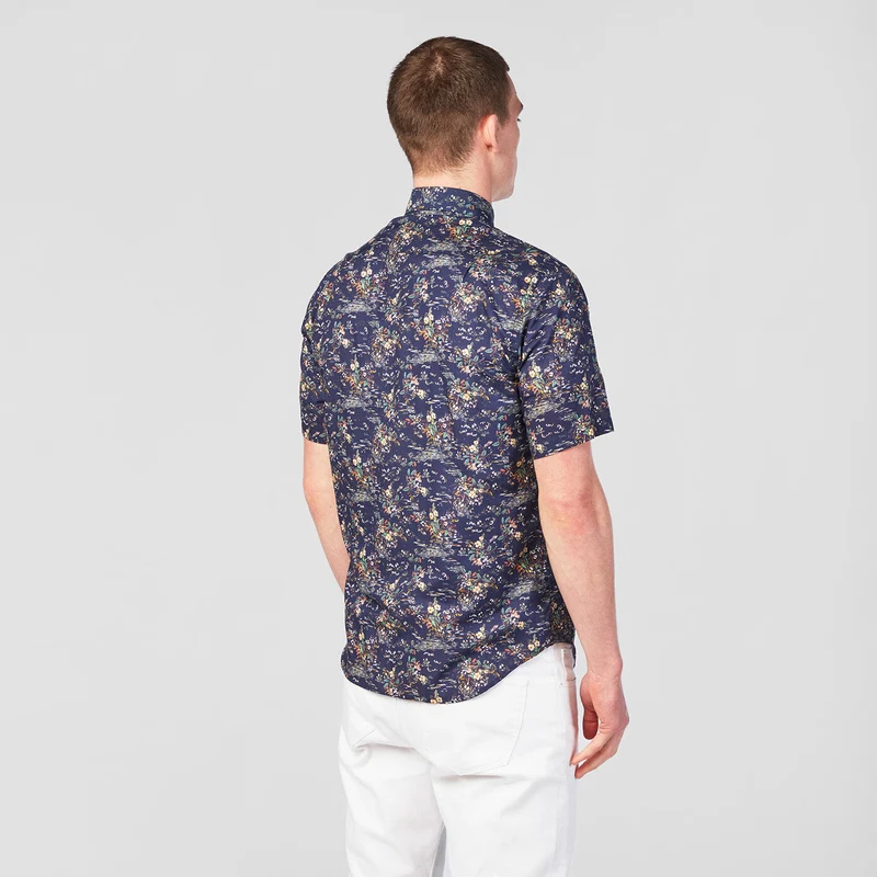 Chemise imprimée manches courtes bleu foncé en coton