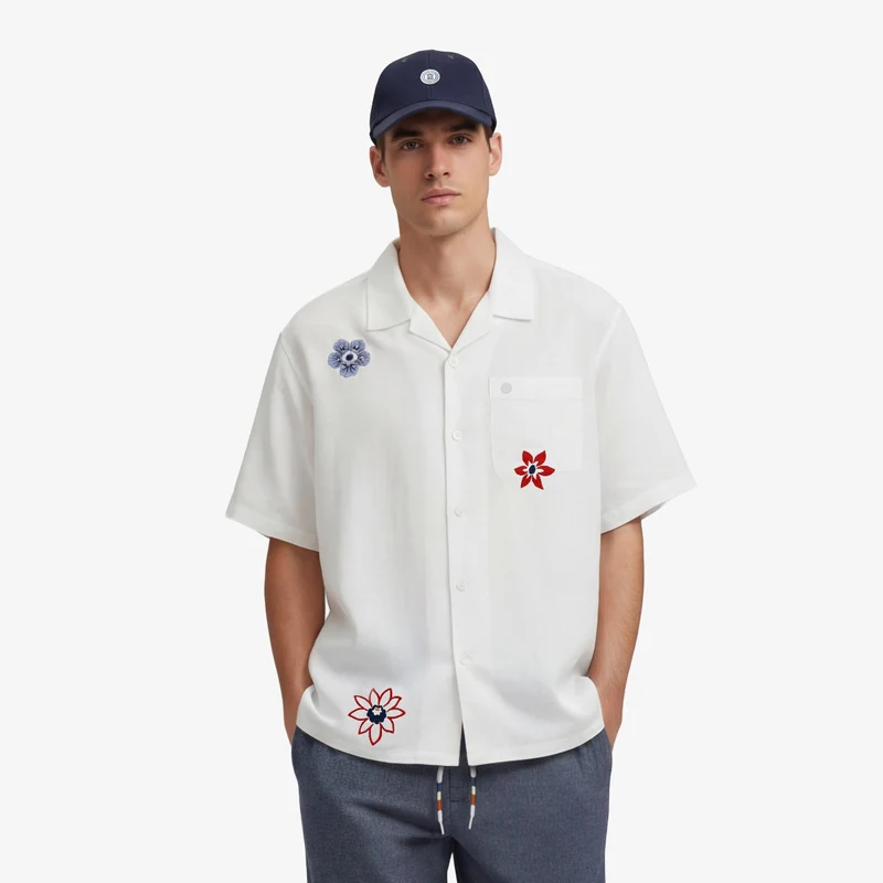 Chemise manches courtes fleurs brodées en lin et coton blanche