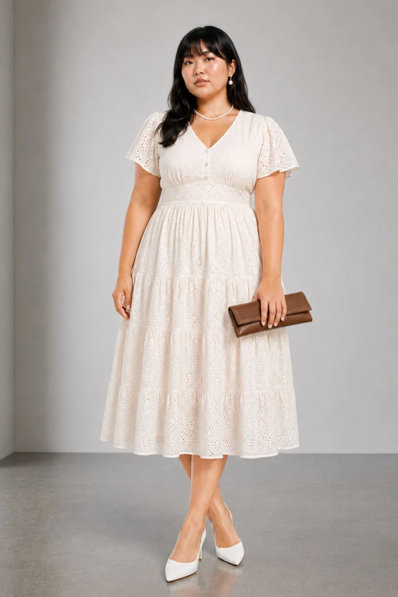 Noana|Cotton Tiered Schiffli Midi Dress