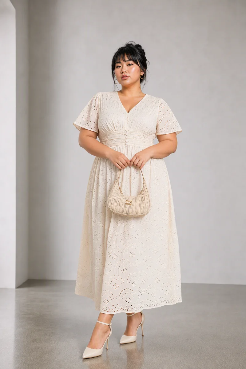 Glena|Cotton Fit And Flare Schiffli Dress
