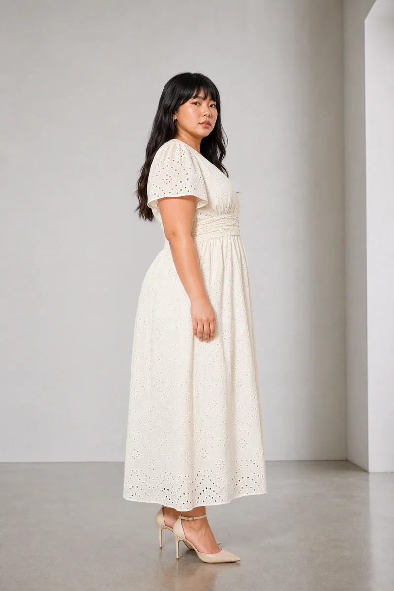 Glena|Cotton Fit And Flare Schiffli Dress