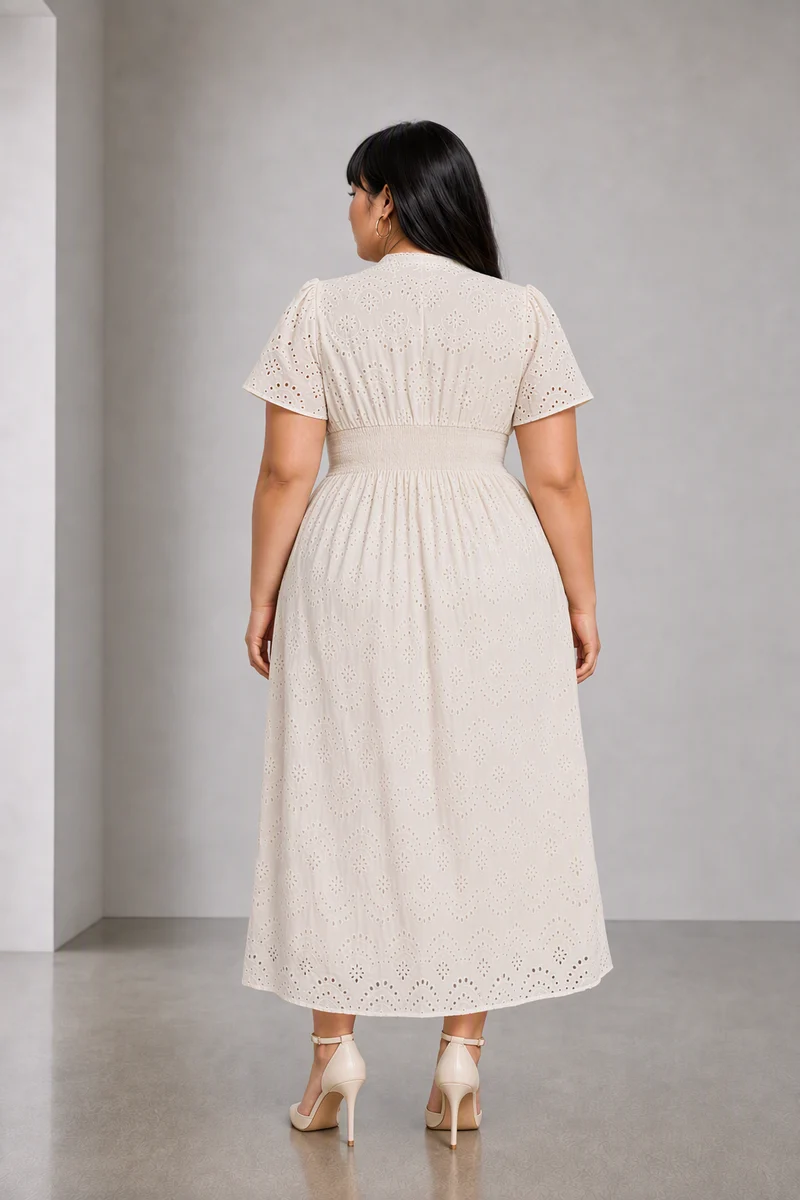 Glena|Cotton Fit And Flare Schiffli Dress