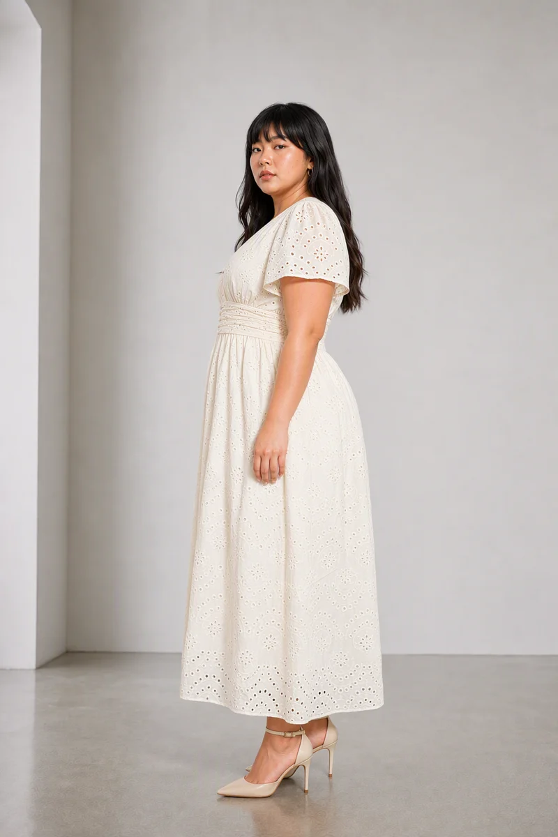 Glena|Cotton Fit And Flare Schiffli Dress