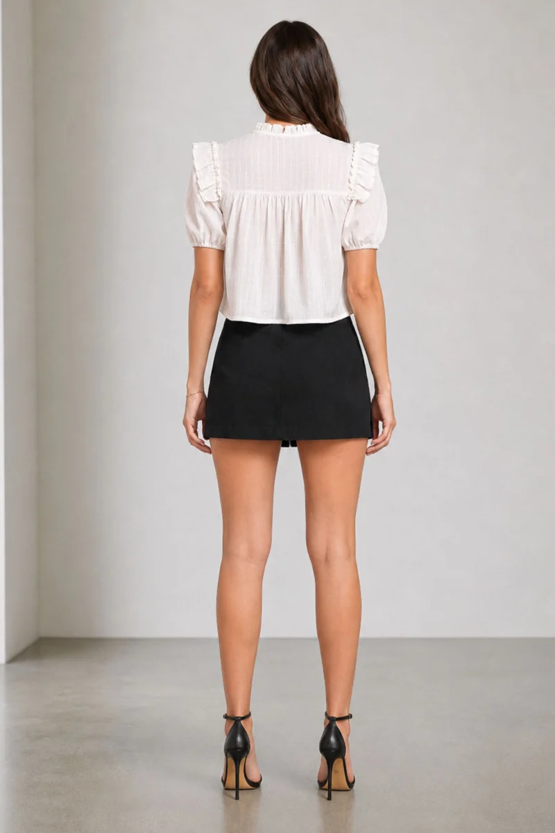 Anyae|White Ruffle Detail Cotton Slub Top