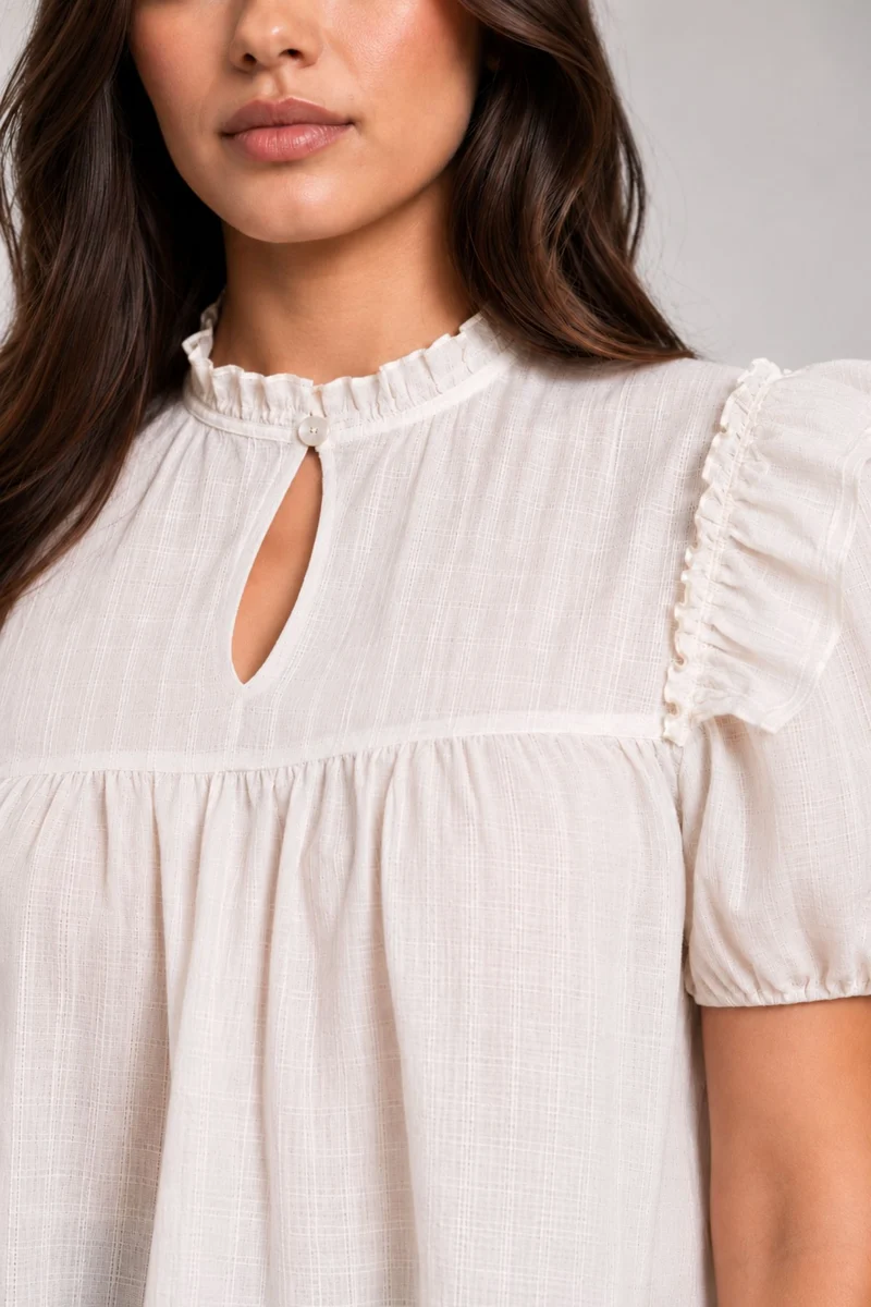 Anyae|White Ruffle Detail Cotton Slub Top