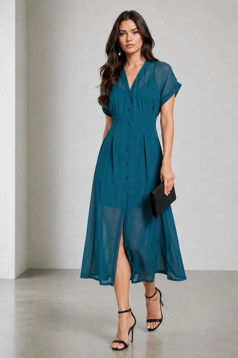 Willowna|Teal Button Down Viscose Georgette Dress