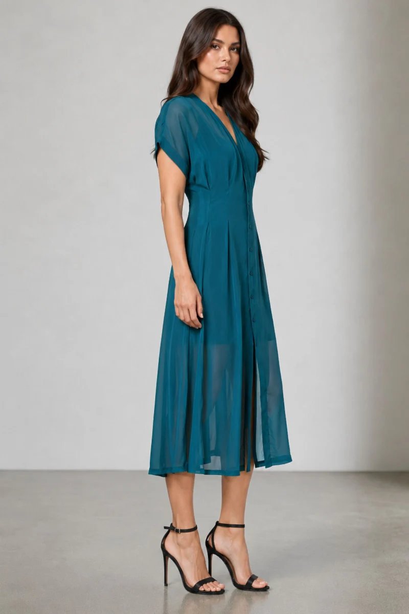 Willowna|Teal Button Down Viscose Georgette Dress