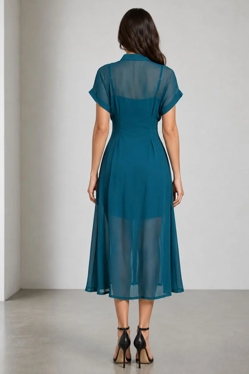 Willowna|Teal Button Down Viscose Georgette Dress