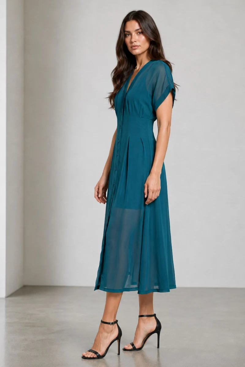Willowna|Teal Button Down Viscose Georgette Dress
