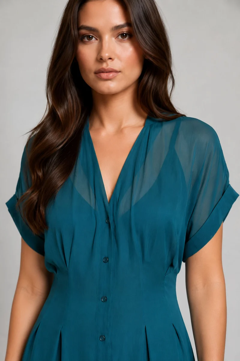 Willowna|Teal Button Down Viscose Georgette Dress
