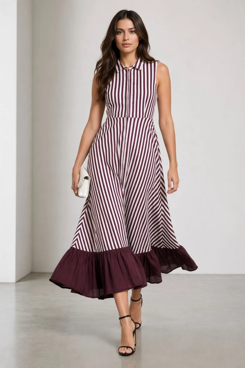 Junuo|Cotton Striped Collared Maxi Dress