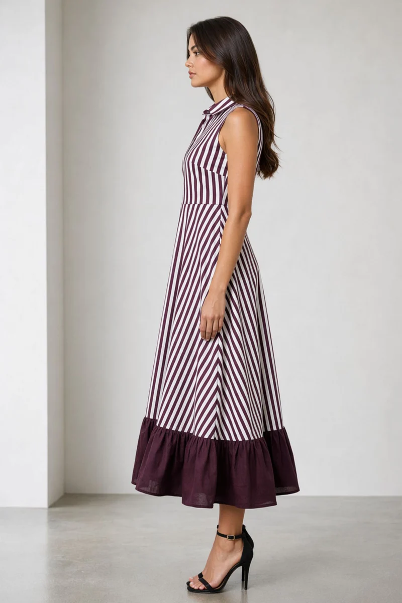 Junuo|Cotton Striped Collared Maxi Dress