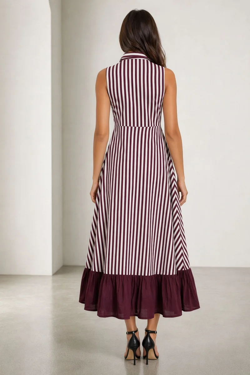Junuo|Cotton Striped Collared Maxi Dress