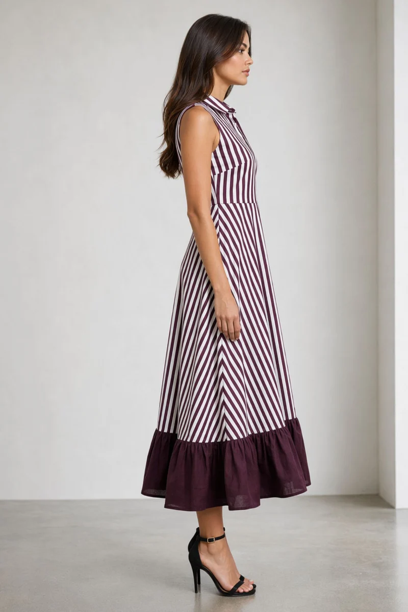 Junuo|Cotton Striped Collared Maxi Dress