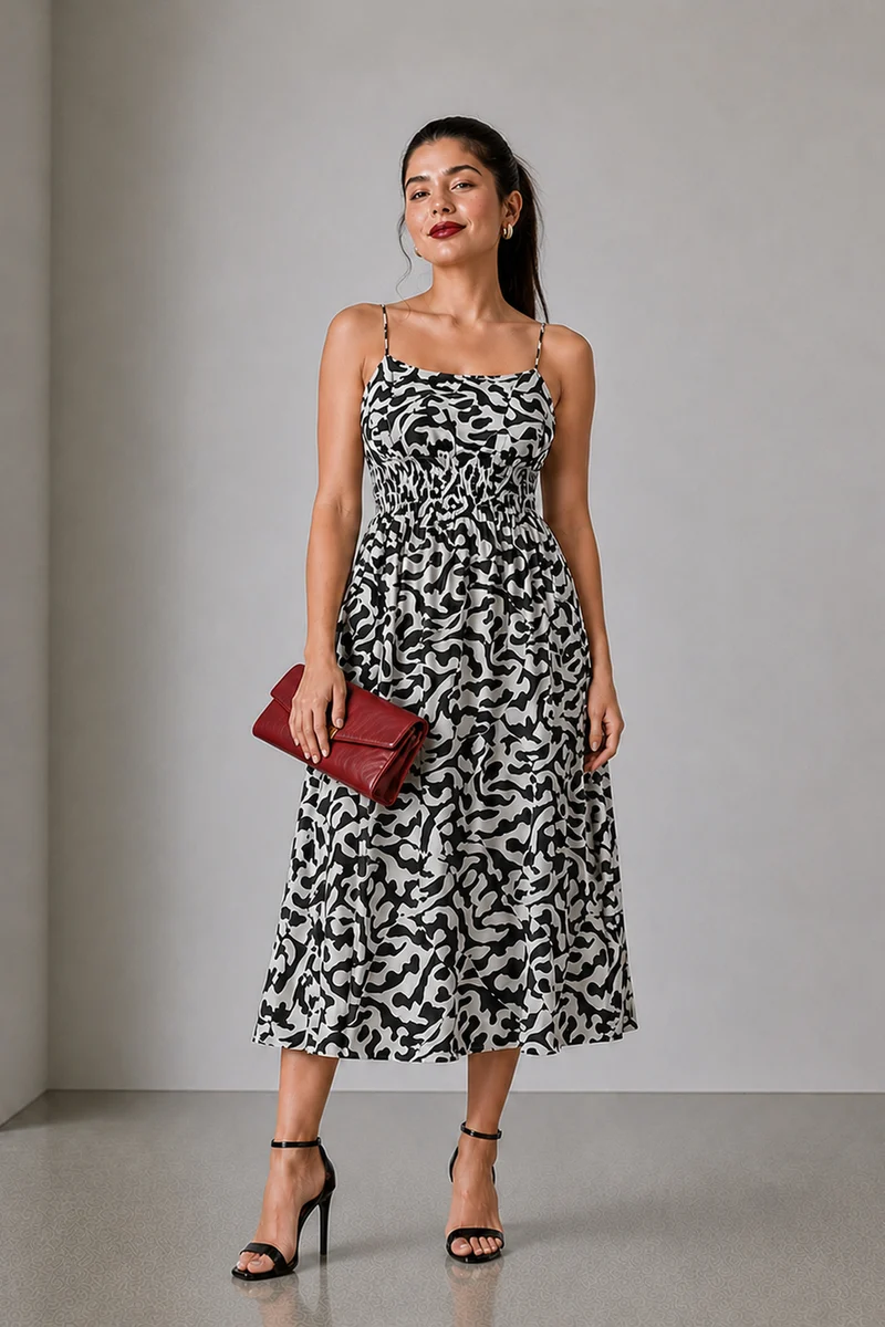 Yika|Cotton Printed Smocked Midi Dress