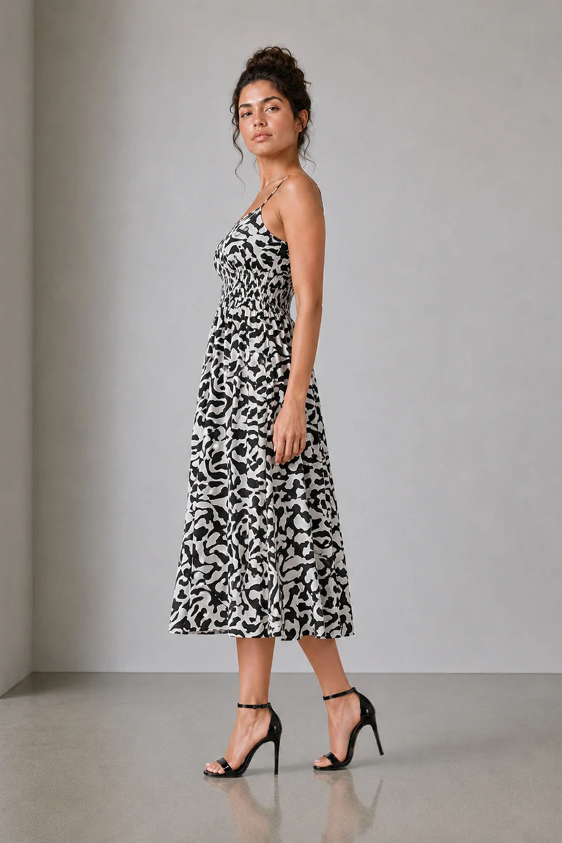 Yika|Cotton Printed Smocked Midi Dress