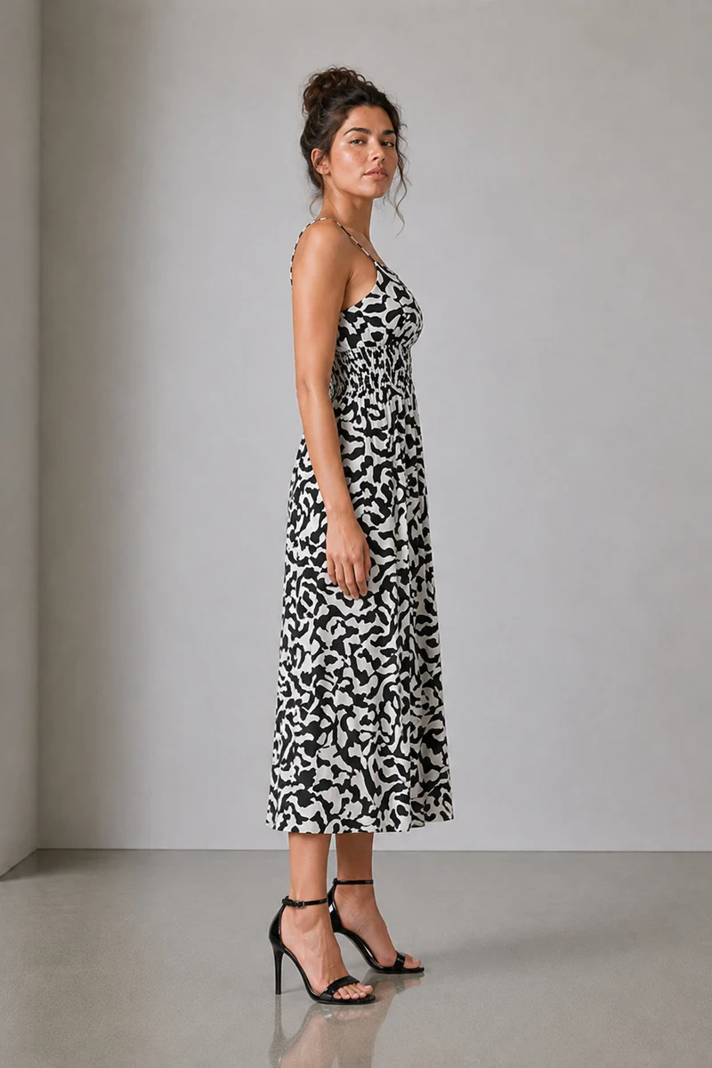 Yika|Cotton Printed Smocked Midi Dress