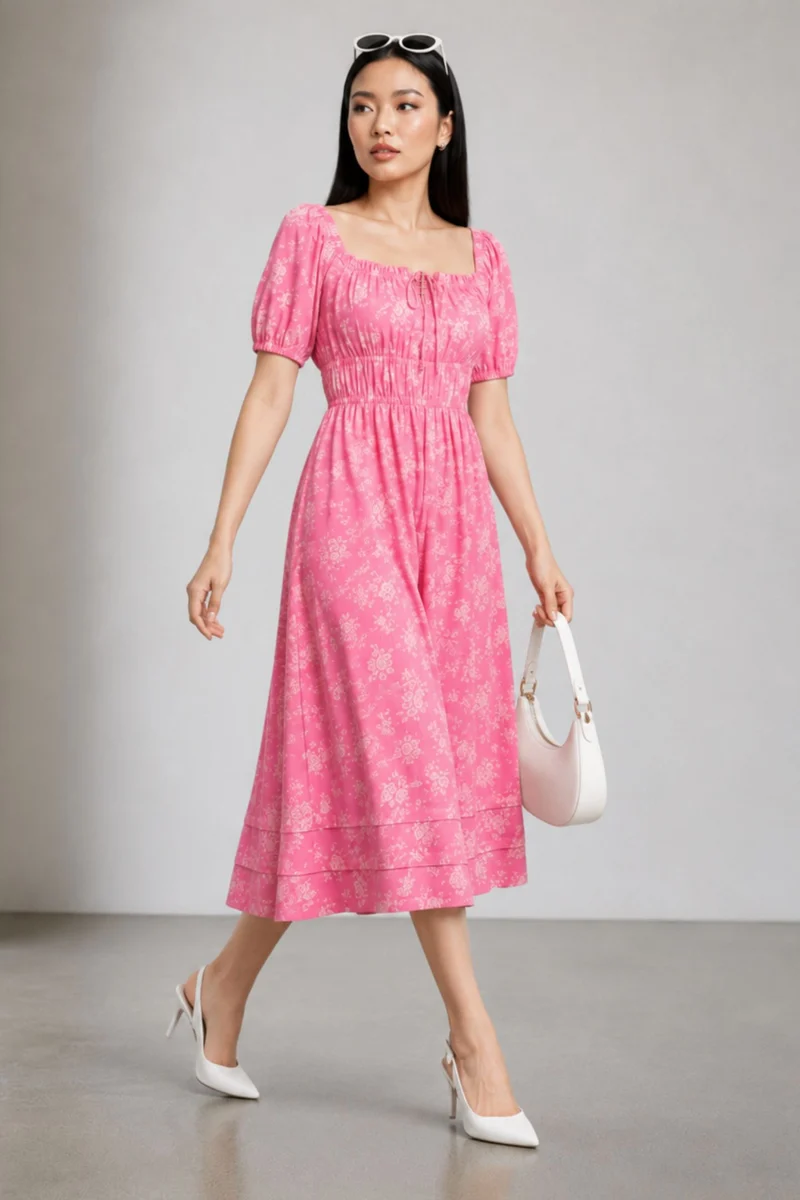 Yikain|Pink Floral 100%Cotton Midi Dress