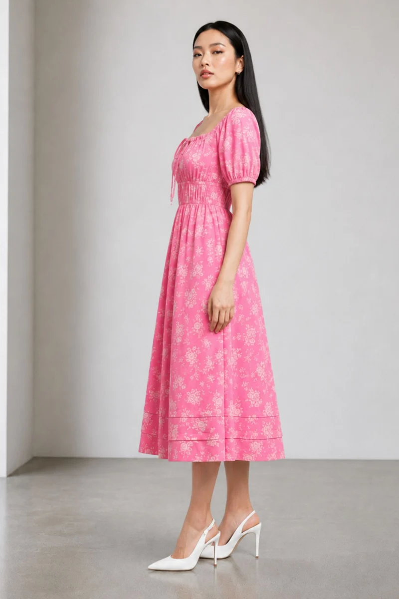 Yikain|Pink Floral 100%Cotton Midi Dress