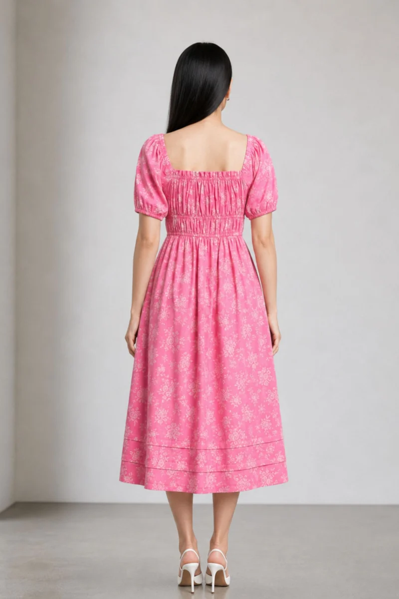 Yikain|Pink Floral 100%Cotton Midi Dress