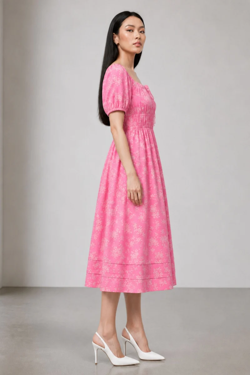 Yikain|Pink Floral 100%Cotton Midi Dress