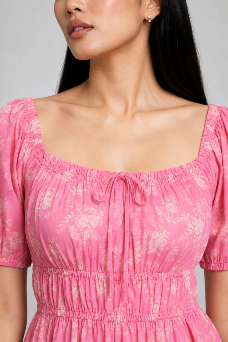 Yikain|Pink Floral 100%Cotton Midi Dress