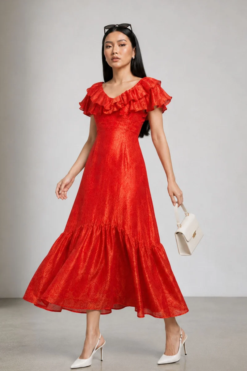 Sinali|Ruffle Detail Maxi Dress With A Lustrous Finish