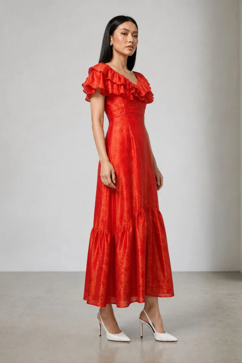 Sinali|Ruffle Detail Maxi Dress With A Lustrous Finish