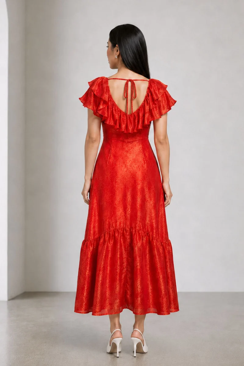 Sinali|Ruffle Detail Maxi Dress With A Lustrous Finish