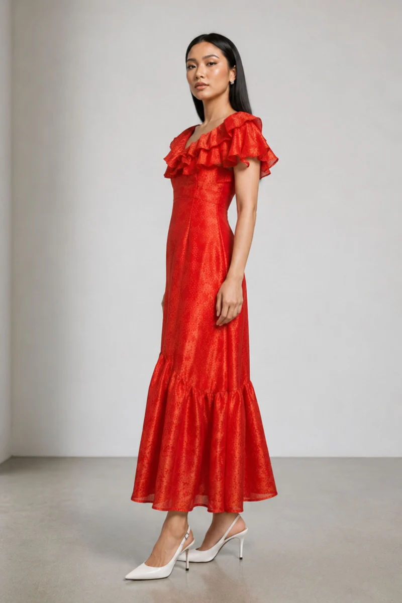 Sinali|Ruffle Detail Maxi Dress With A Lustrous Finish