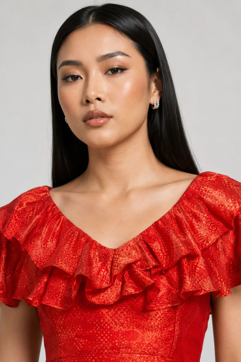 Sinali|Ruffle Detail Maxi Dress With A Lustrous Finish