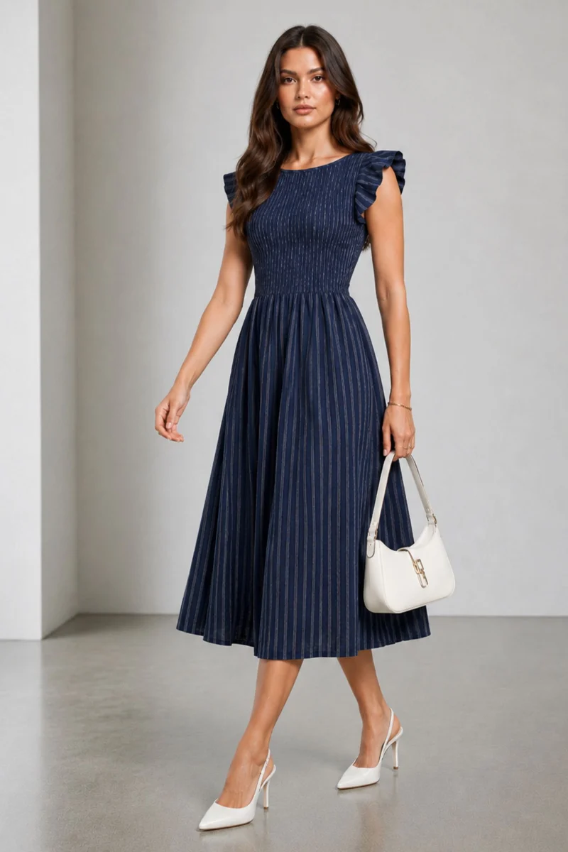 Fionae|Navy Striped Cotton Slub Boat Neck Midi Dress