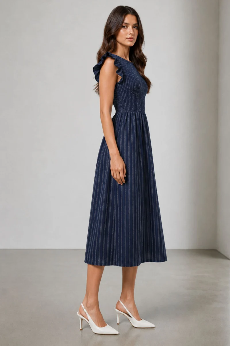 Fionae|Navy Striped Cotton Slub Boat Neck Midi Dress