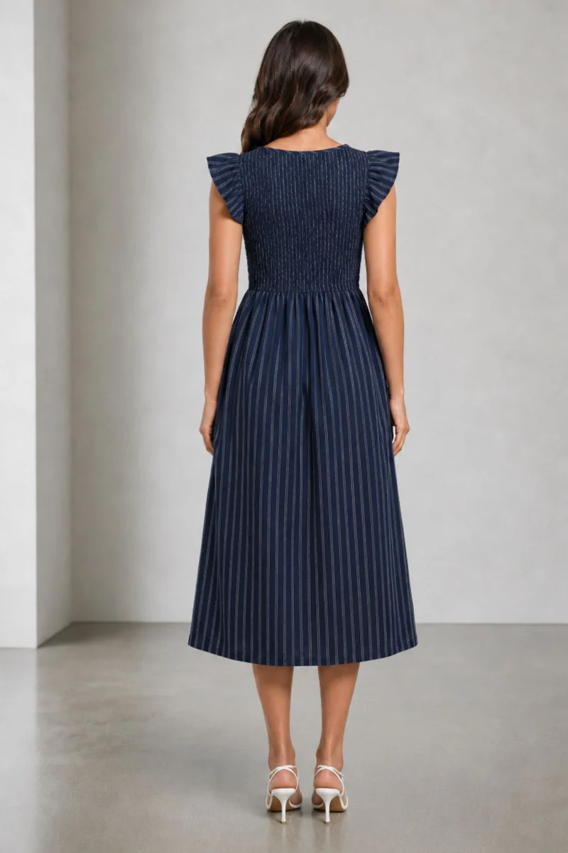 Fionae|Navy Striped Cotton Slub Boat Neck Midi Dress