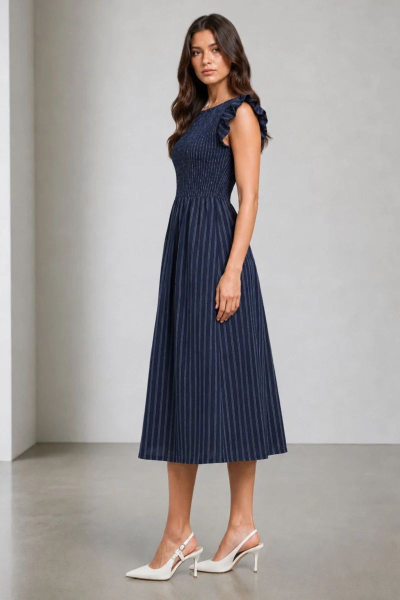 Fionae|Navy Striped Cotton Slub Boat Neck Midi Dress