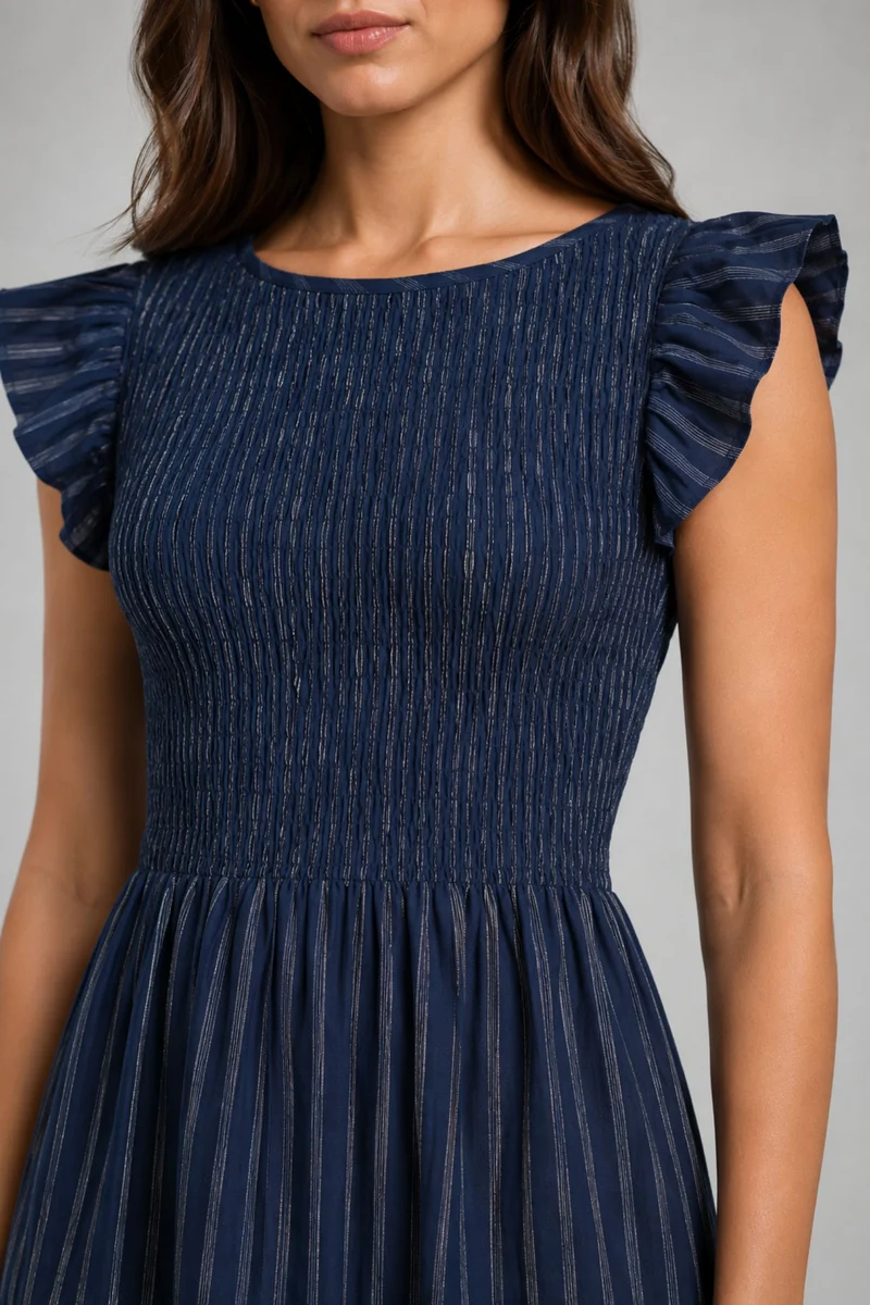 Fionae|Navy Striped Cotton Slub Boat Neck Midi Dress