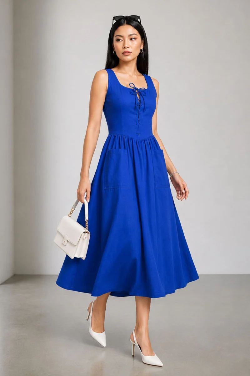 Phoebet|Cotton Lace Up Midi Dress With Tie Back