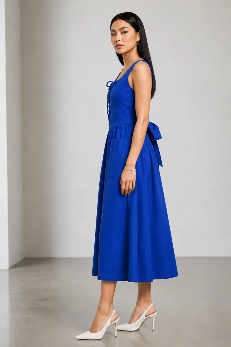 Phoebet|Cotton Lace Up Midi Dress With Tie Back