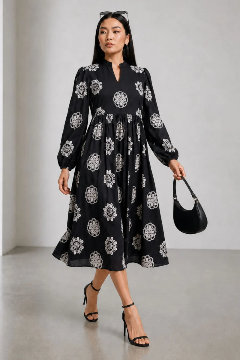 Gilot|Black Embroidered Cotton Midi Dress