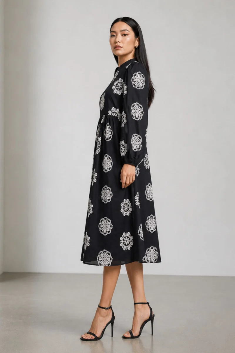 Gilot|Black Embroidered Cotton Midi Dress