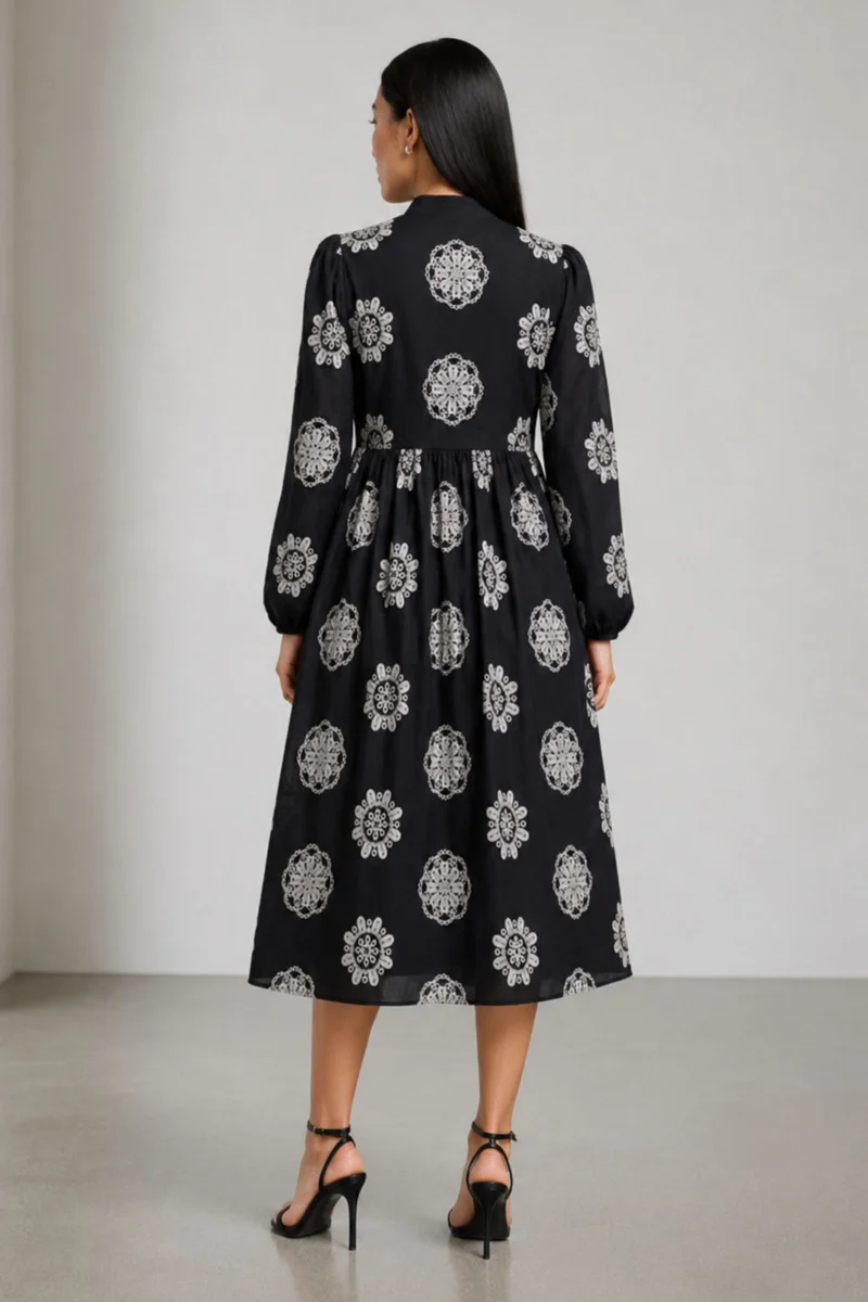 Gilot|Black Embroidered Cotton Midi Dress