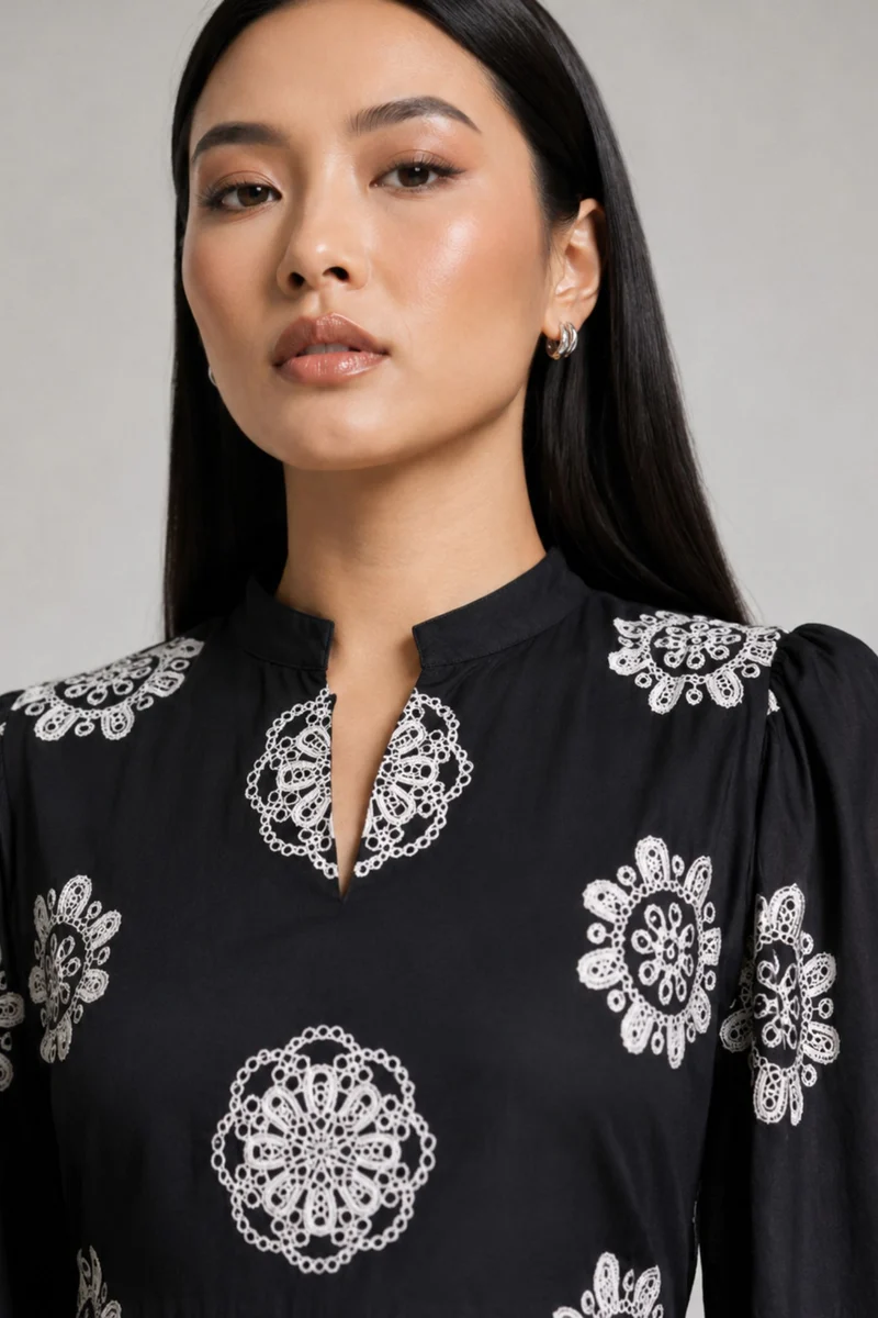 Gilot|Black Embroidered Cotton Midi Dress