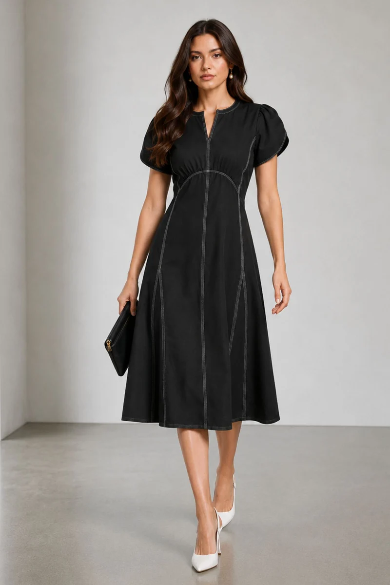 Scarletina|Black Twill Midi Dress With Stitching