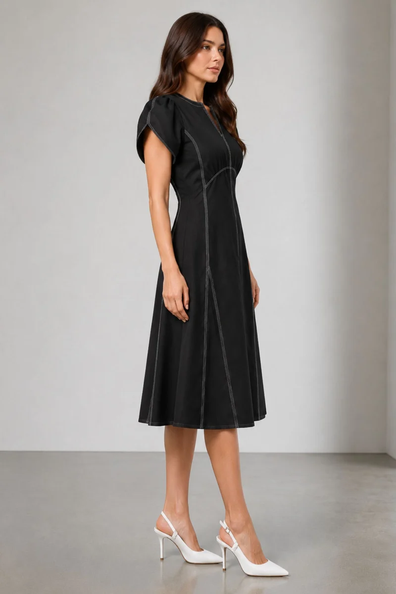 Scarletina|Black Twill Midi Dress With Stitching
