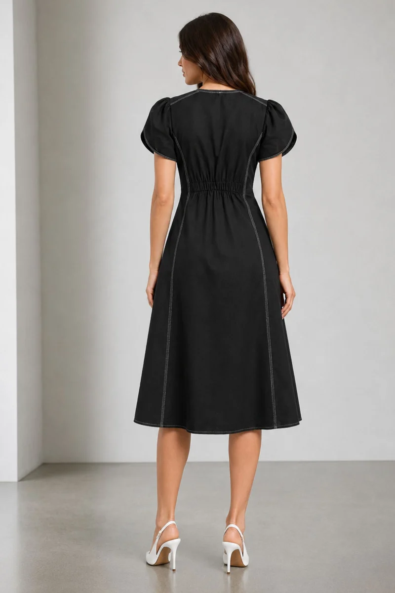 Scarletina|Black Twill Midi Dress With Stitching